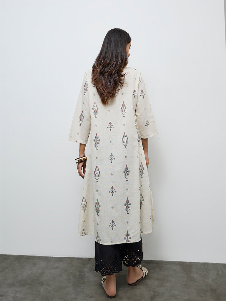 Utsa Off-White Ikat Cotton-Blend A-Line Kurta