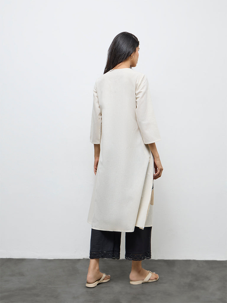 Utsa Off-White Bird Print Cotton-Blend A-Line Kurta