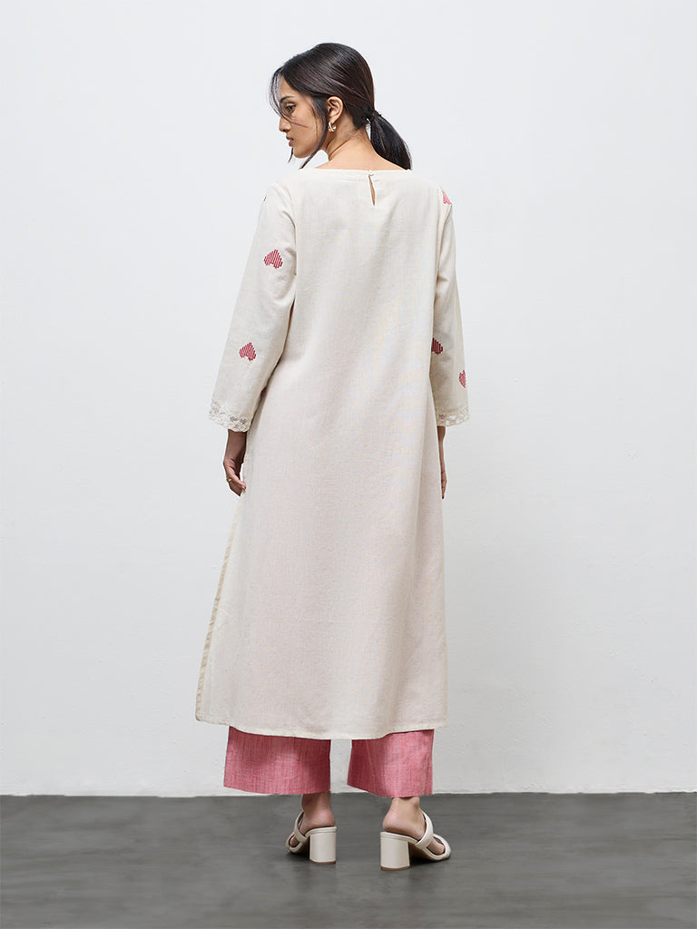 Utsa Off-White Embroidered Cotton-Blend A-Line Kurta