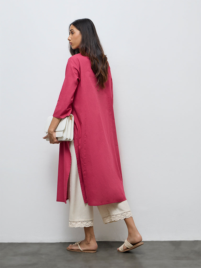 Utsa Magenta Floral Embroidered Cotton-Blend A-Line Kurta