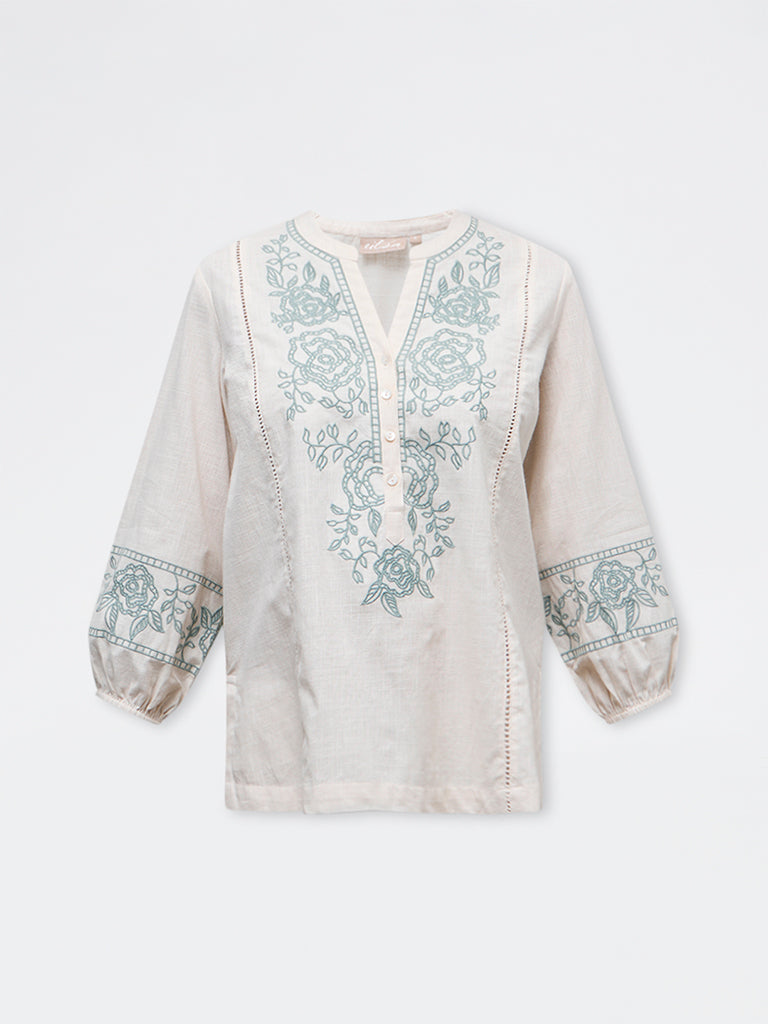 Utsa Off-White Floral Embroidered Cotton Tunic