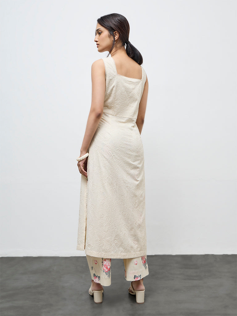 Utsa Cream Floral Embroidered A-Line Cotton Kurta
