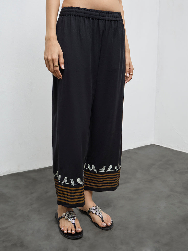 Buy Utsa Black Printed Cotton-Blend Pants from Westside