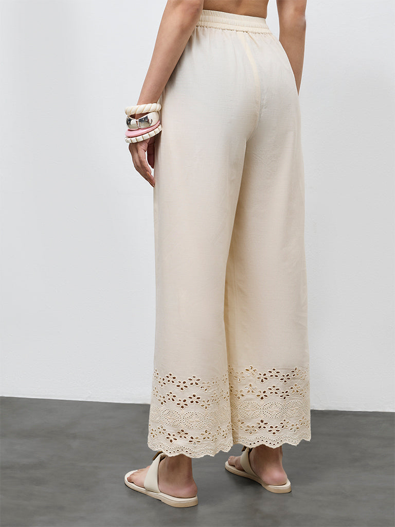 Utsa Beige Schiffli Embroidered Ethnic Cotton Pants