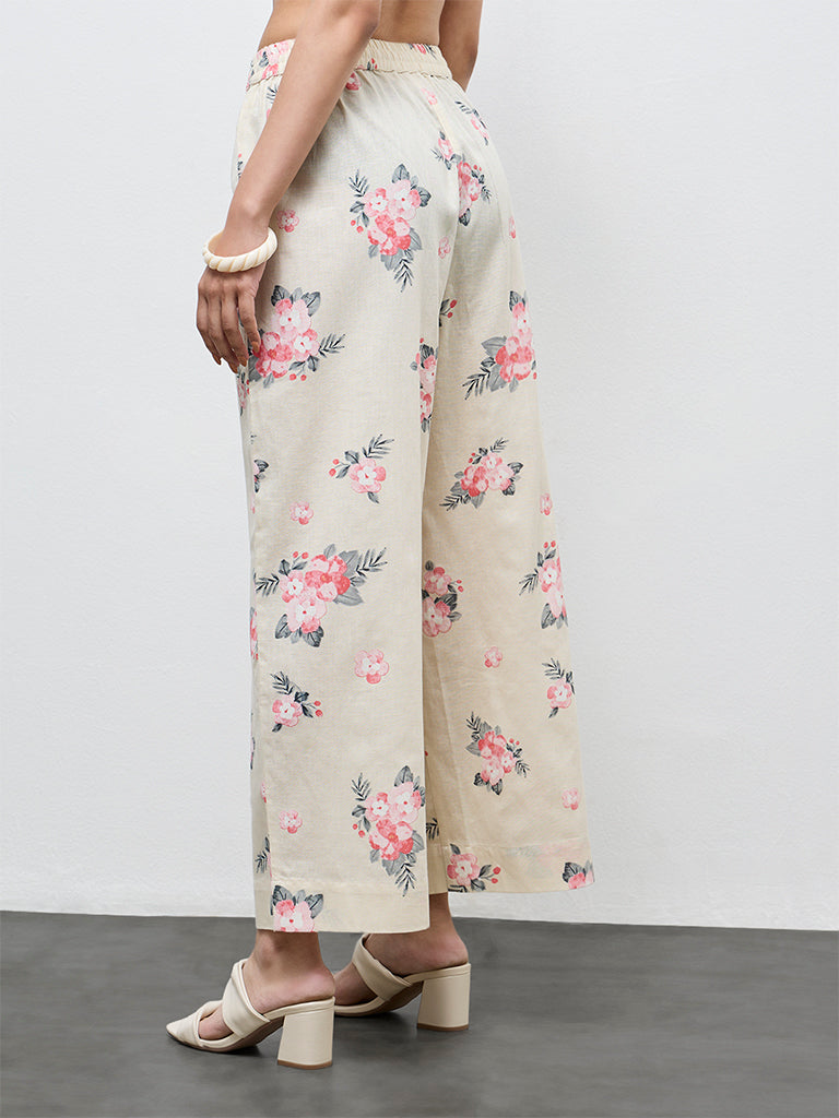 Utsa Cream Floral Design Cotton-Blend Pants