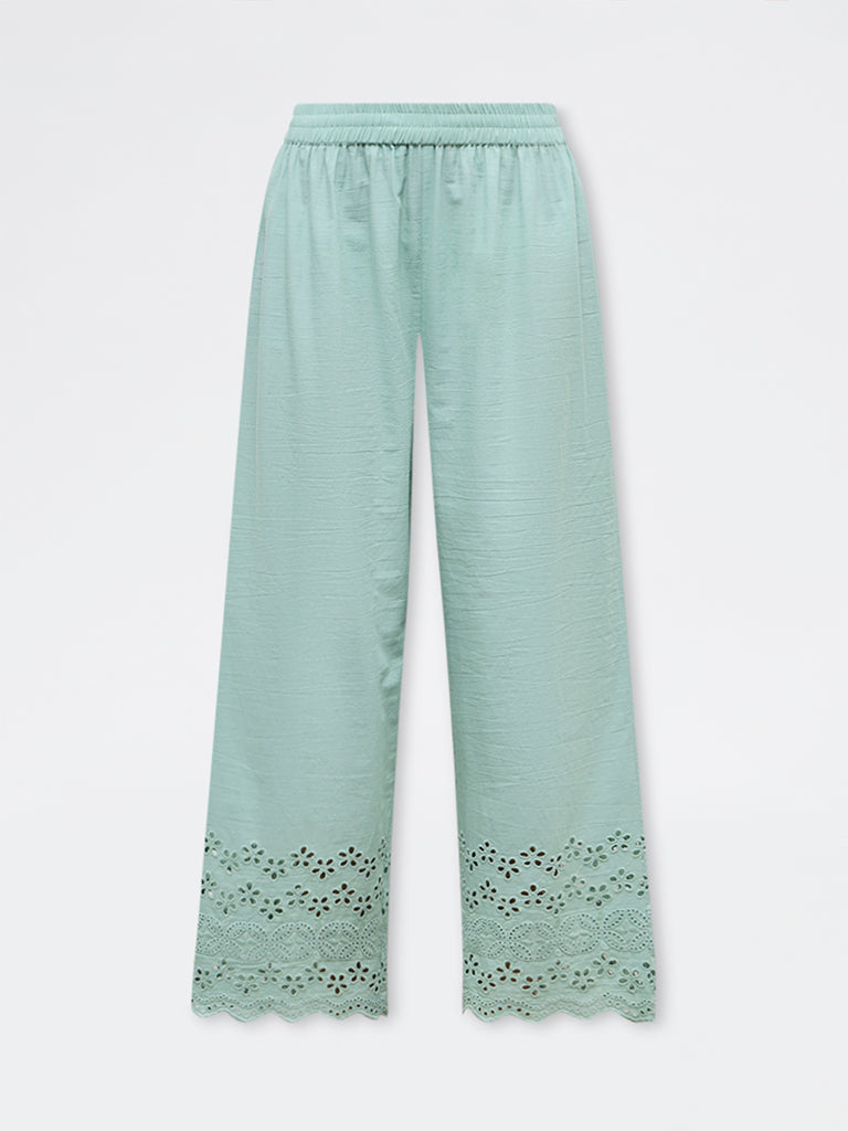 Utsa Aqua Schiffli Embroidered Cotton-Blend Pants