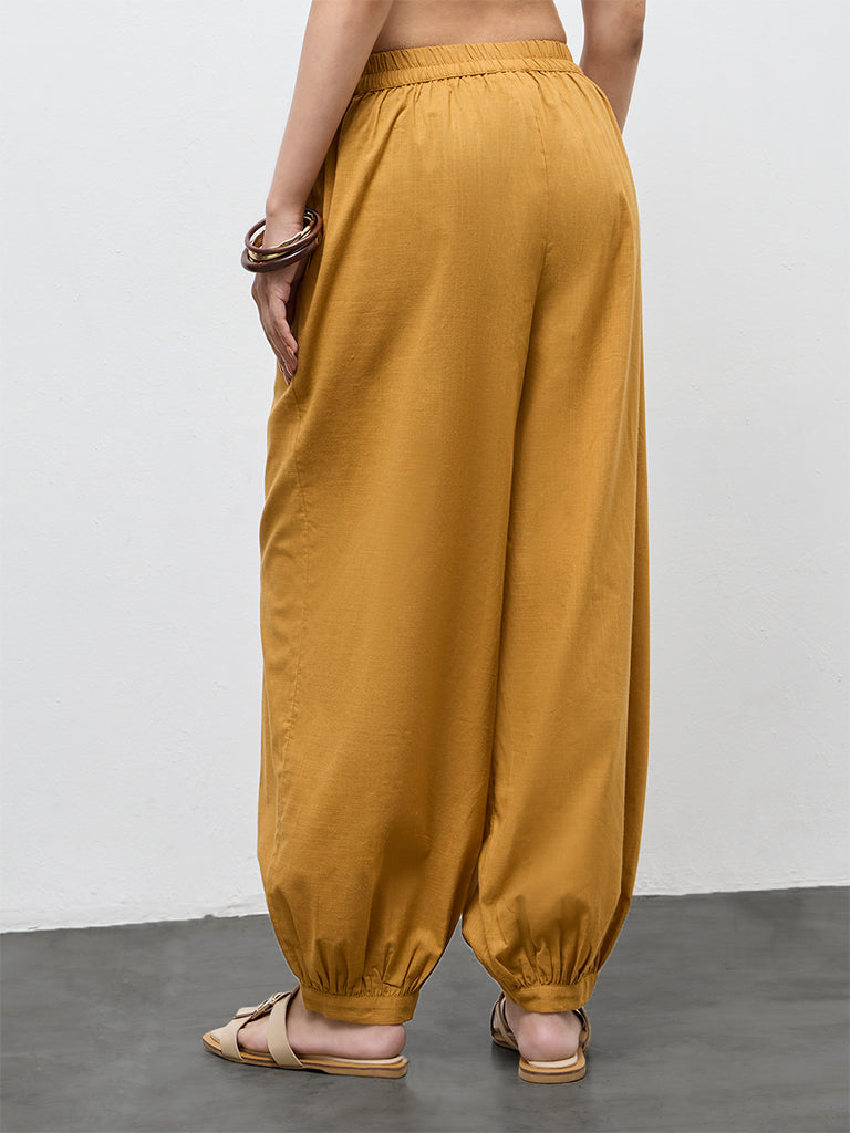Utsa Mustard Solid Cotton Harem Pants