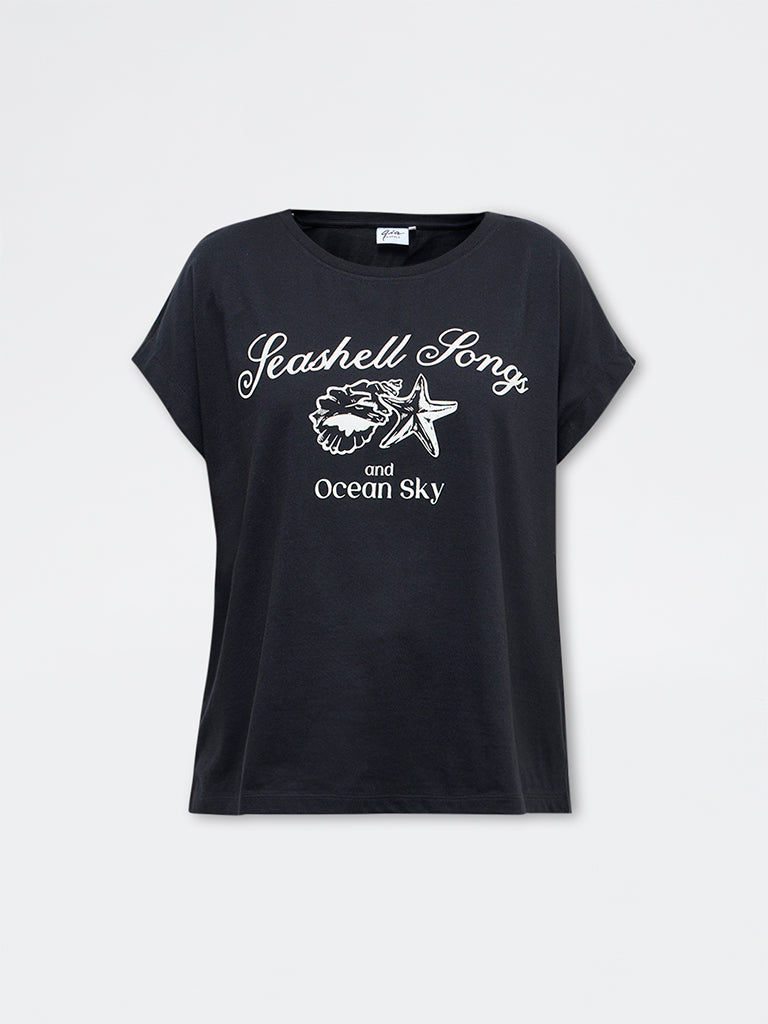 Gia Black Text Printed Cotton T-Shirt