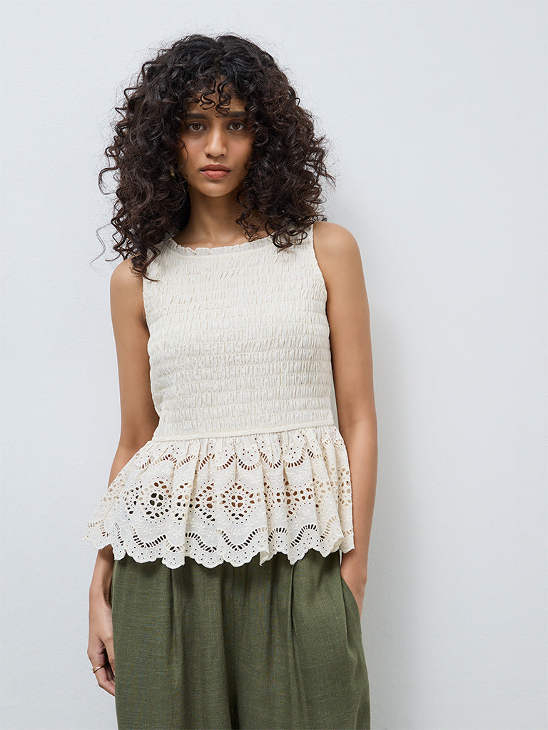 Buy LOV Off-White Schiffli Detailed Peplum Cotton Top from Westside