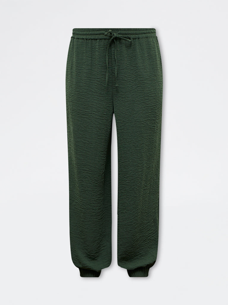 LOV Dark Green Crinkle-Textured High-Rise Pants
