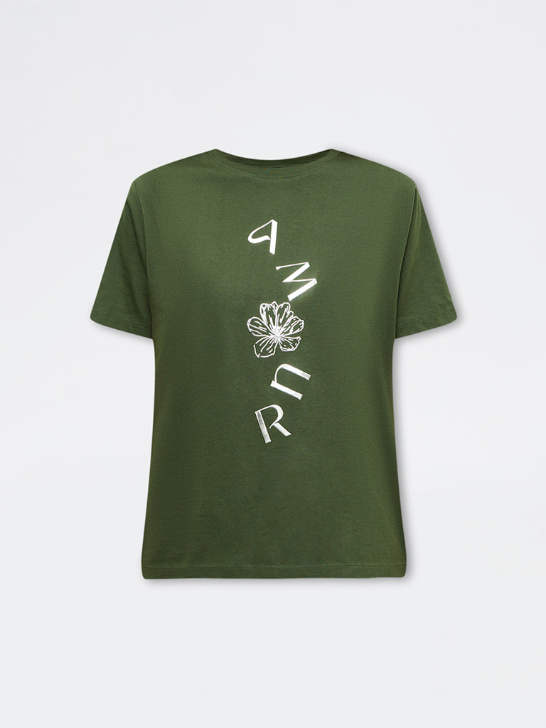 LOV Olive Floral Printed Cotton T-Shirt