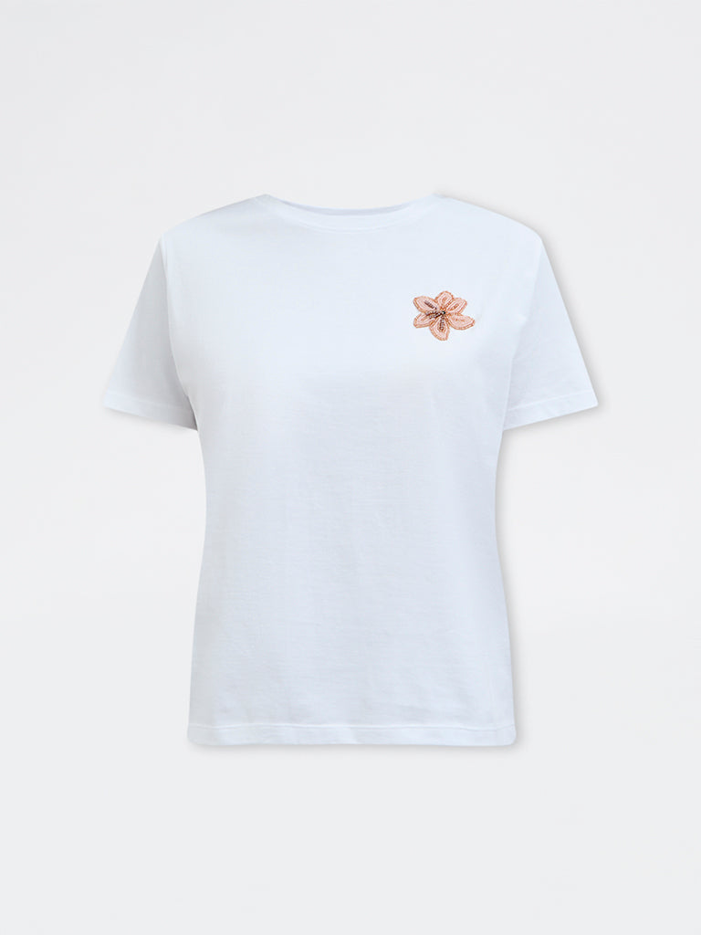 LOV White Floral Embellished Cotton T-Shirt