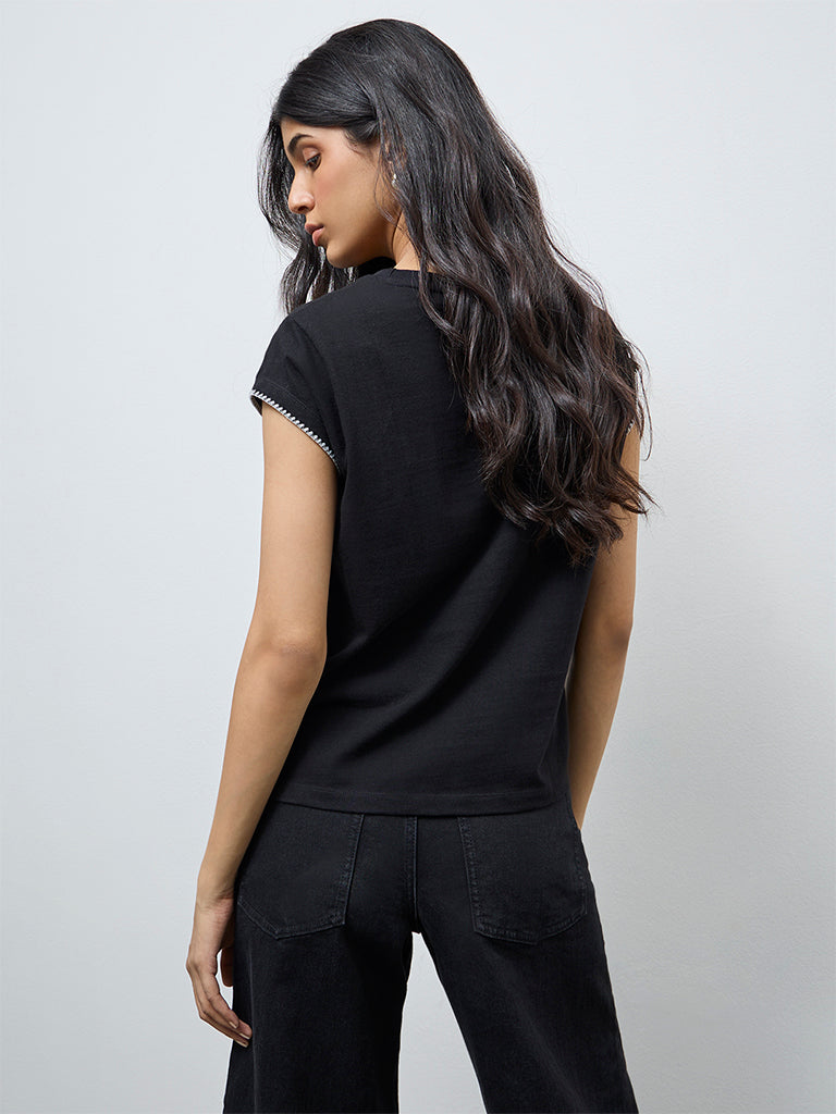 LOV Black Solid Cotton T-Shirt