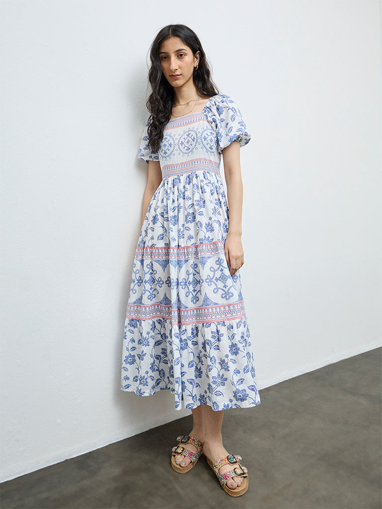 cotton dresses mumbai Buy Bombay Paisley Blue Floral Cotton Tiered Dress from Westside