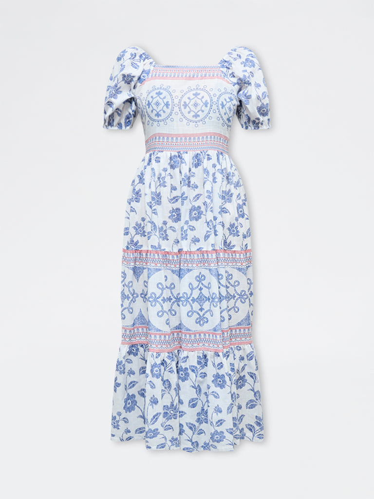 Bombay Paisley Pink Floral Embroidered Cotton Tiered Dress