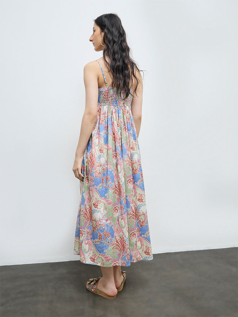 Bombay Paisley Multicolour Foliage Printed Cotton A-Line Dress