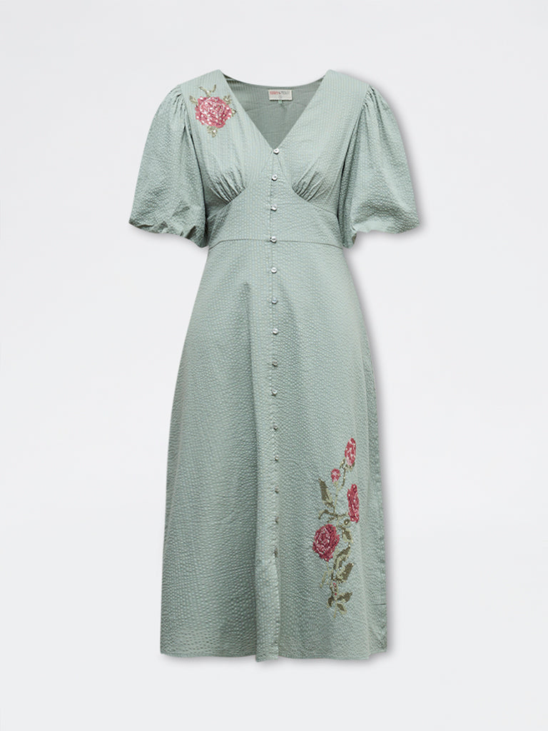 Bombay Paisley Sage Floral Embroidered Cotton A-Line Dress
