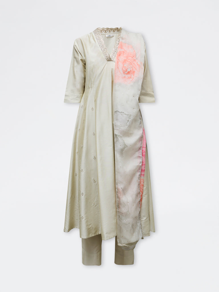 Vark Off-White Embellished A-Line Ethnic Set
