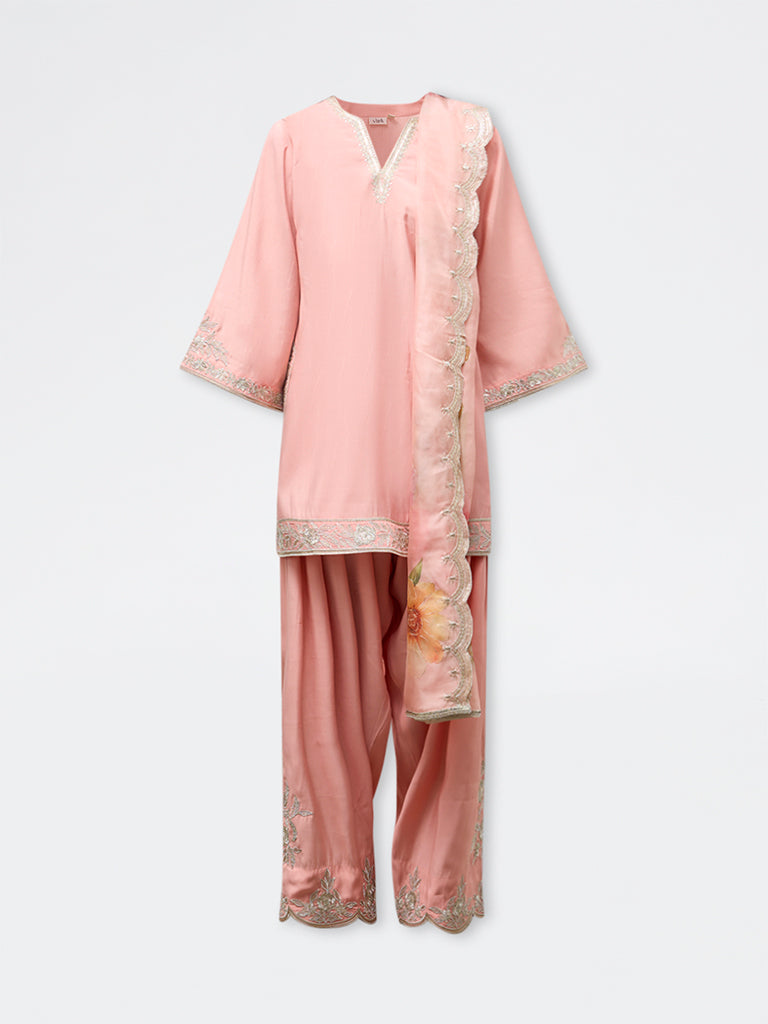 Vark Light Pink Embroidered Straight Ethnic Set