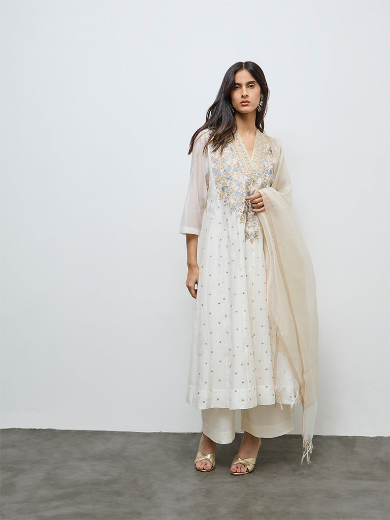 Buy Vark Off-White Floral Embroidered Cotton-Blend A-Line Ethnic Set from  Westside