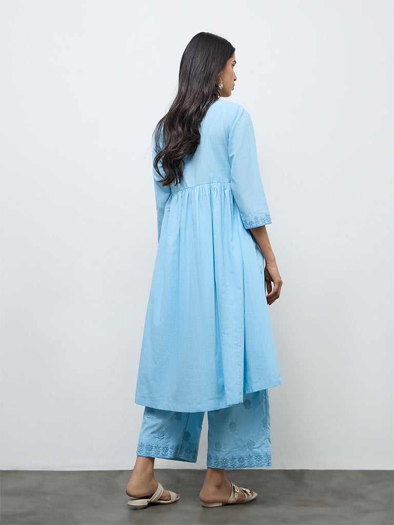 Utsa Blue Floral Embroidered Cotton A-Line Kurta