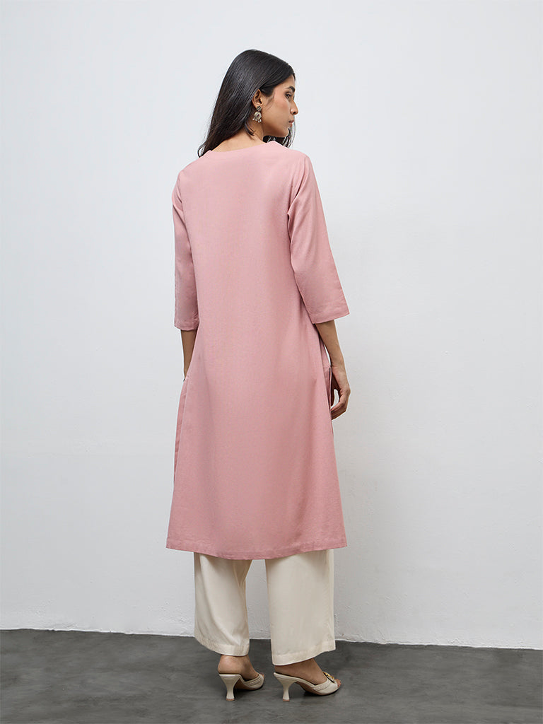 Utsa Pink Floral Embroidered Cotton-Blend A-Line Kurta