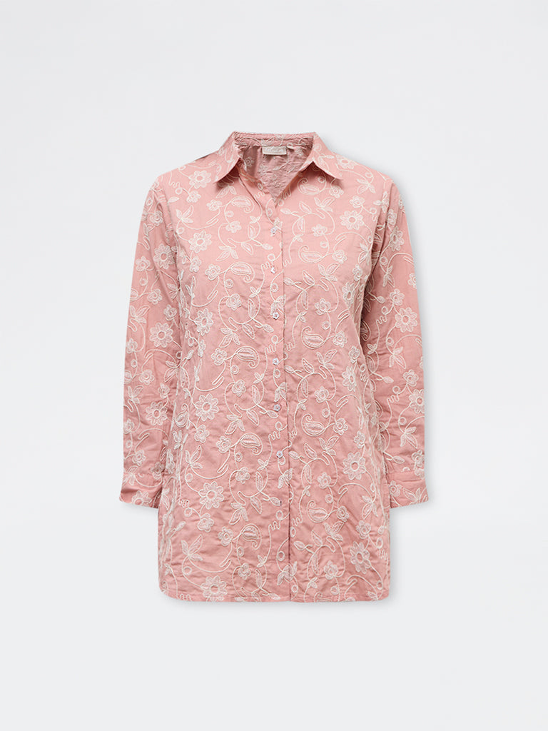 Utsa Dusty Pink Floral Embroidered Cotton Tunic