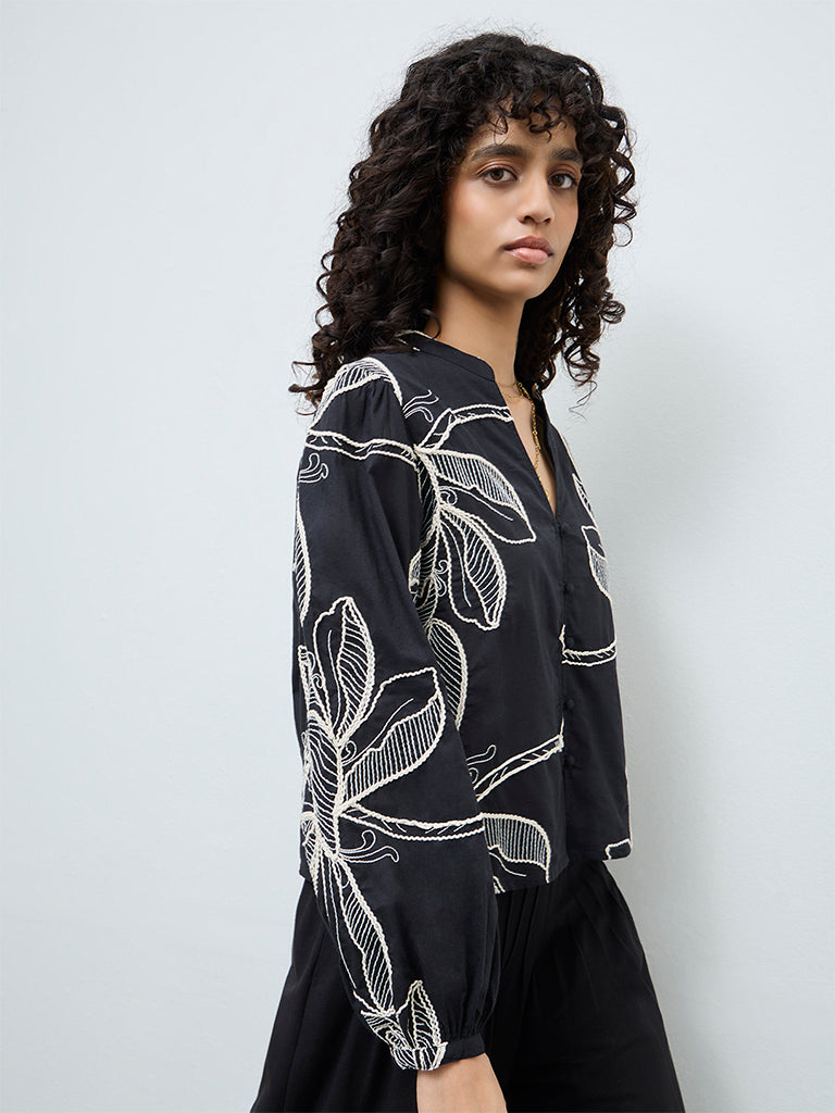 Buy LOV Black Foliage Embroidered Cotton Blouse from Westside