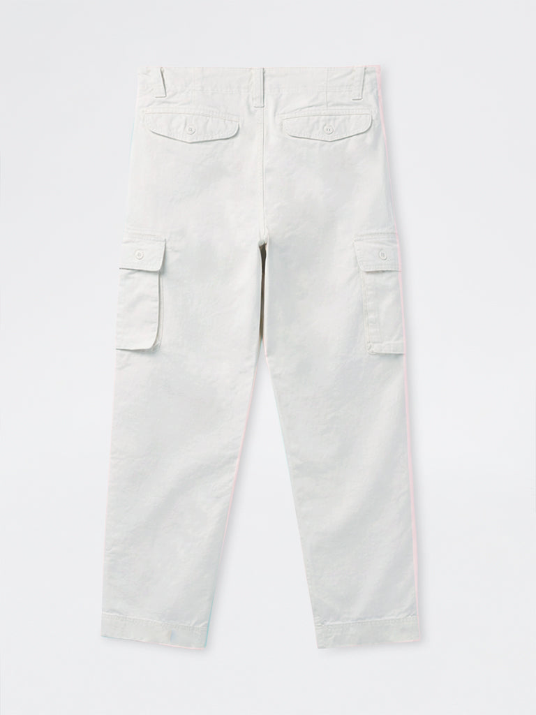 WES Casuals Off-White Relaxed-Fit Mid-Rise Cotton Cargo Pants