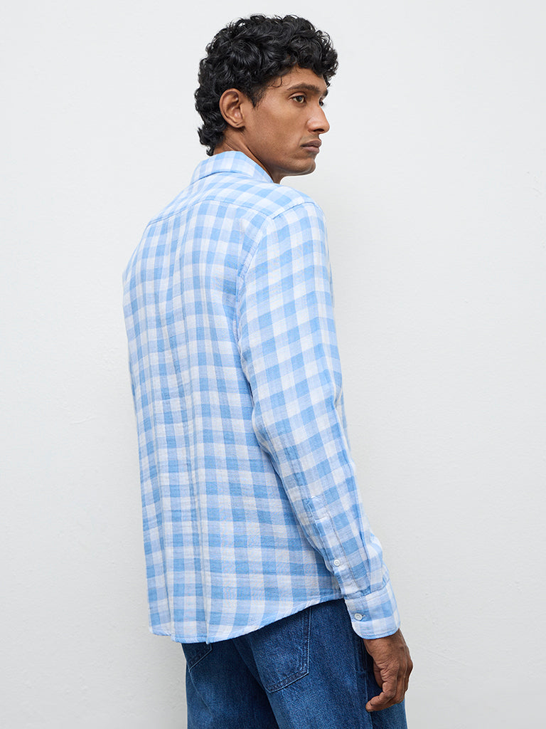 WES Casuals Blue Checks Printed Relaxed-Fit Cotton Shirt