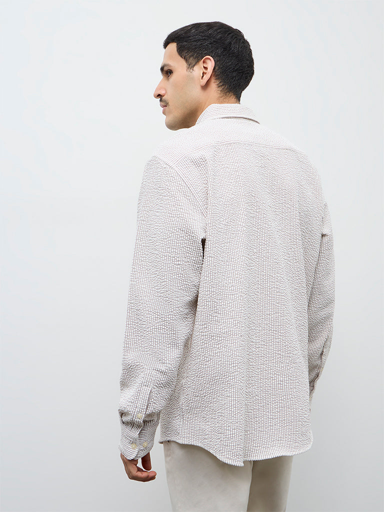 WES Casuals Brown Striped Relaxed-Fit Cotton Shirt