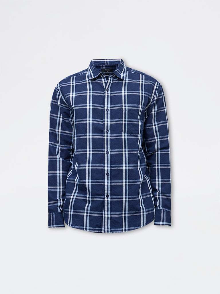 WES Casuals Navy Check Relaxed Fit Cotton-Blend Shirt