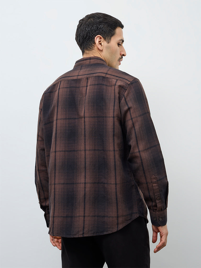 WES Casuals Dark Brown Check Relaxed-Fit Cotton-Blend Shirt