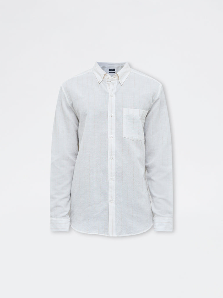 WES Casuals Off-White Striped Relaxed-Fit Cotton-Blend Shirt