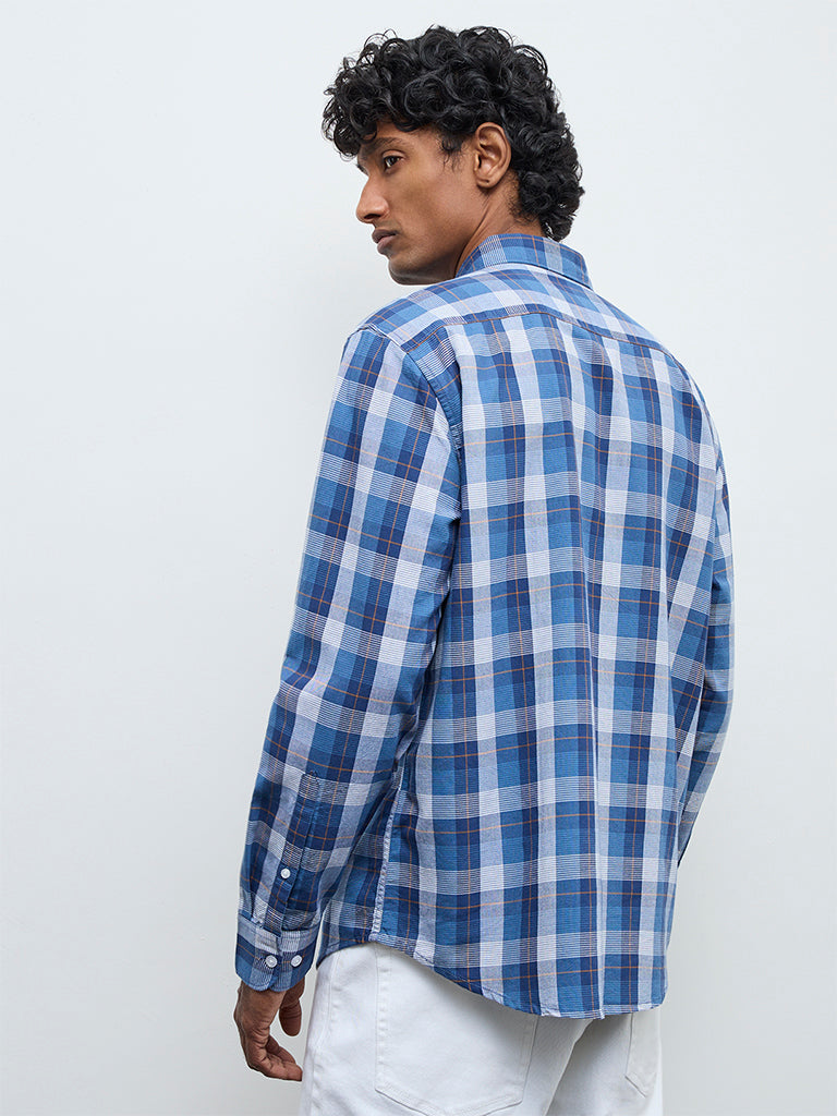 WES Casuals Blue Checkered Relaxed Fit Cotton Shirt