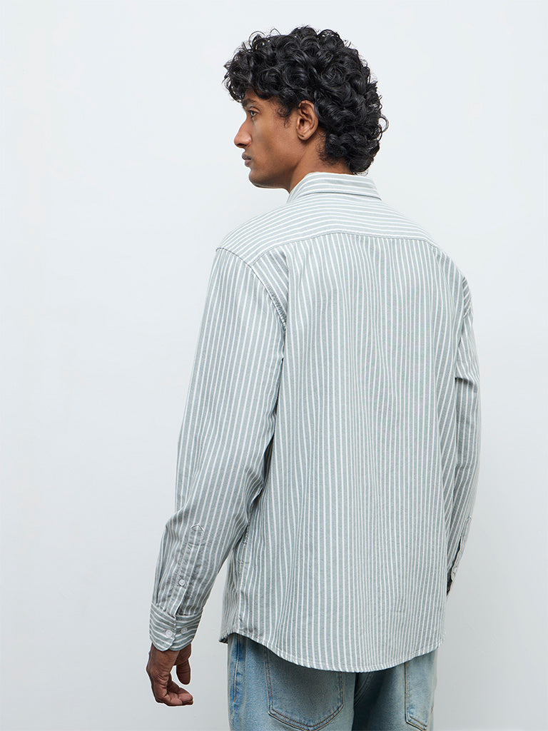 WES Casuals Sage Striped Relaxed Fit Cotton Shirt