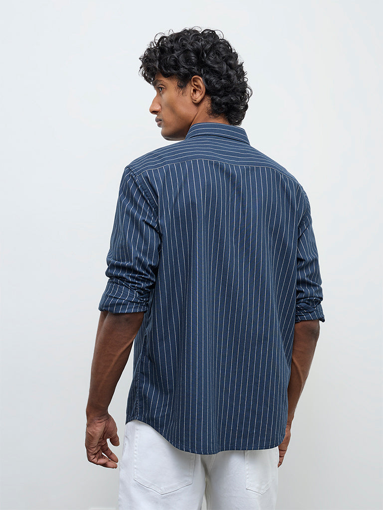 WES Casuals Navy Pinstriped Relaxed Fit Cotton Shirt