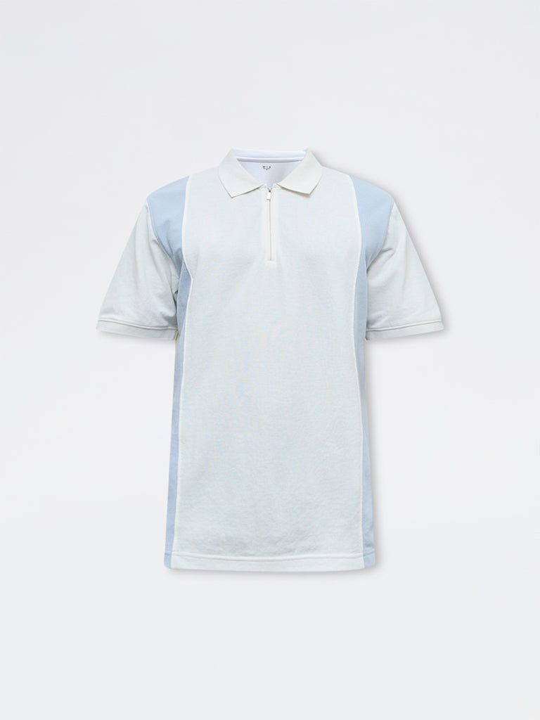 WES Casuals Blue Relaxed-Fit Cotton-Blend Quarter-Zip Polo T-Shirt