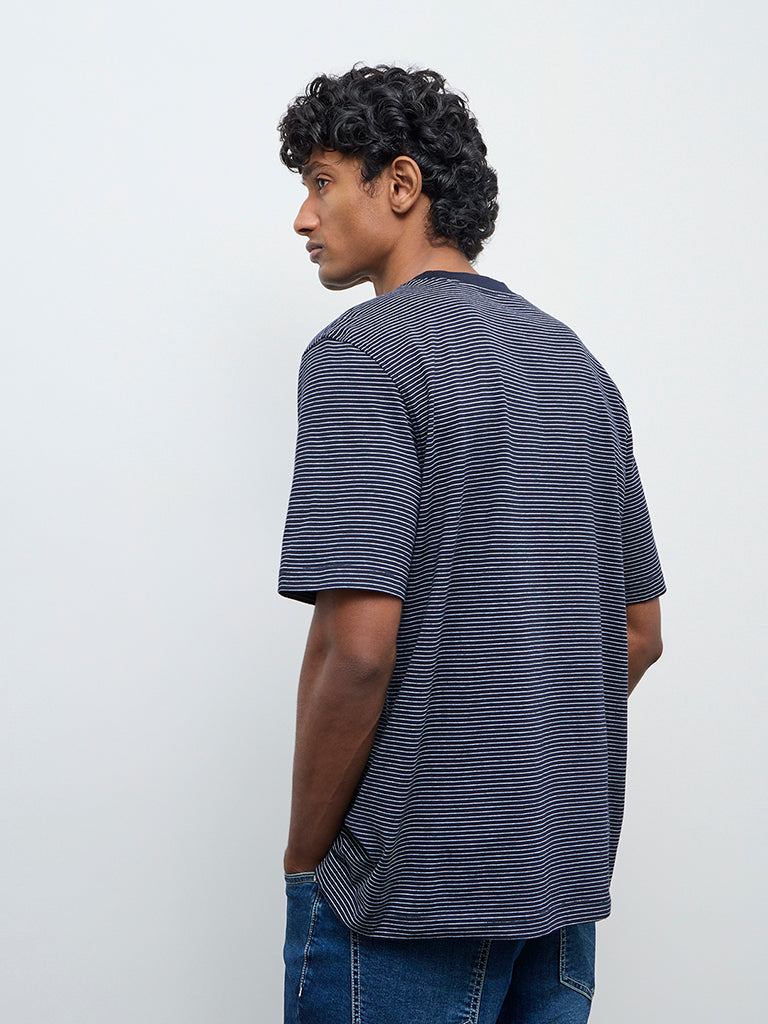 WES Casuals Navy Striped Relaxed Fit Cotton T-Shirt