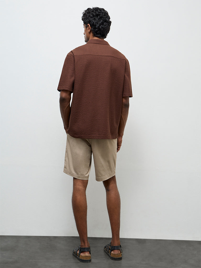 WES Casuals Beige Relaxed Fit Mid-Rise Cotton-Blend Shorts