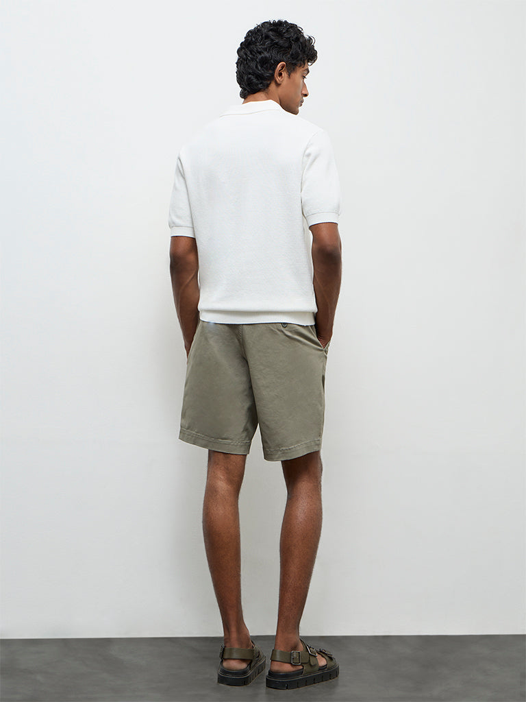 WES Casuals Olive Relaxed-Fit Mid-Rise Cotton-Blend Shorts
