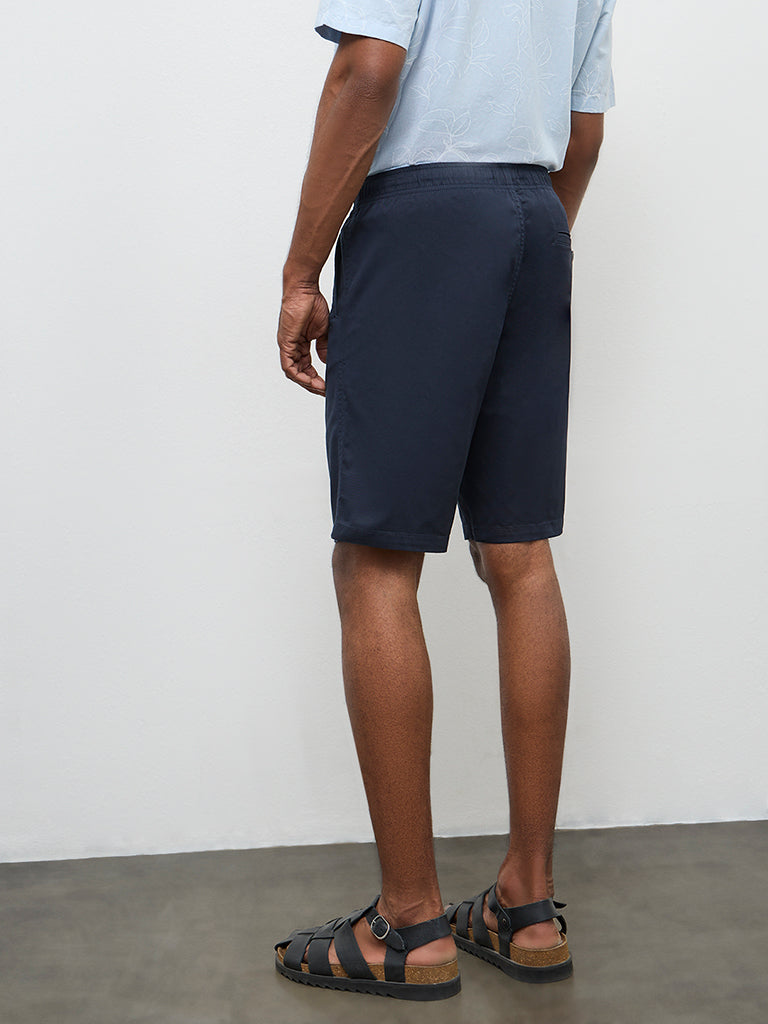 WES Casuals Dark Blue Relaxed-Fit Mid-Rise Cotton-Blend Shorts