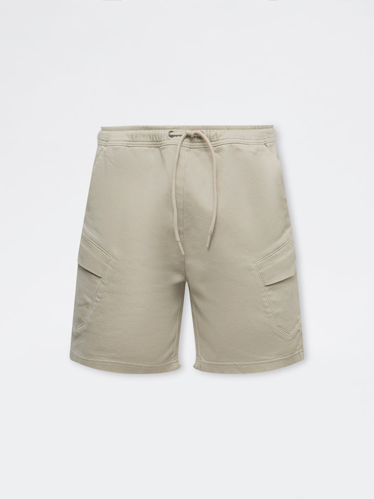 Nuon Taupe Solid Relaxed-Fit Mid-Rise Cotton-Blend Shorts