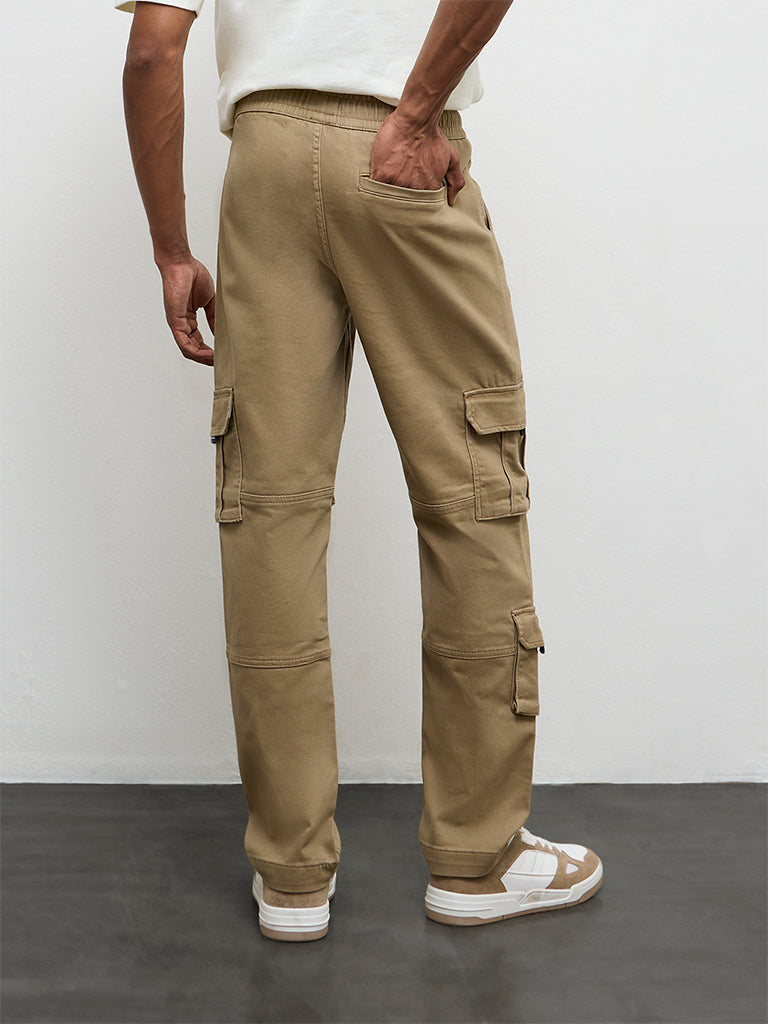 Nuon Taupe Relaxed-Fit Mid-Rise Cotton-Blend Cargo Pants