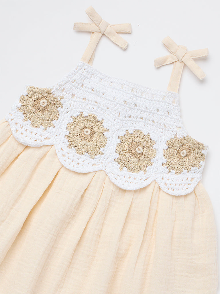 HOP Baby Girls Beige Embroidered A-Line Cotton Dress