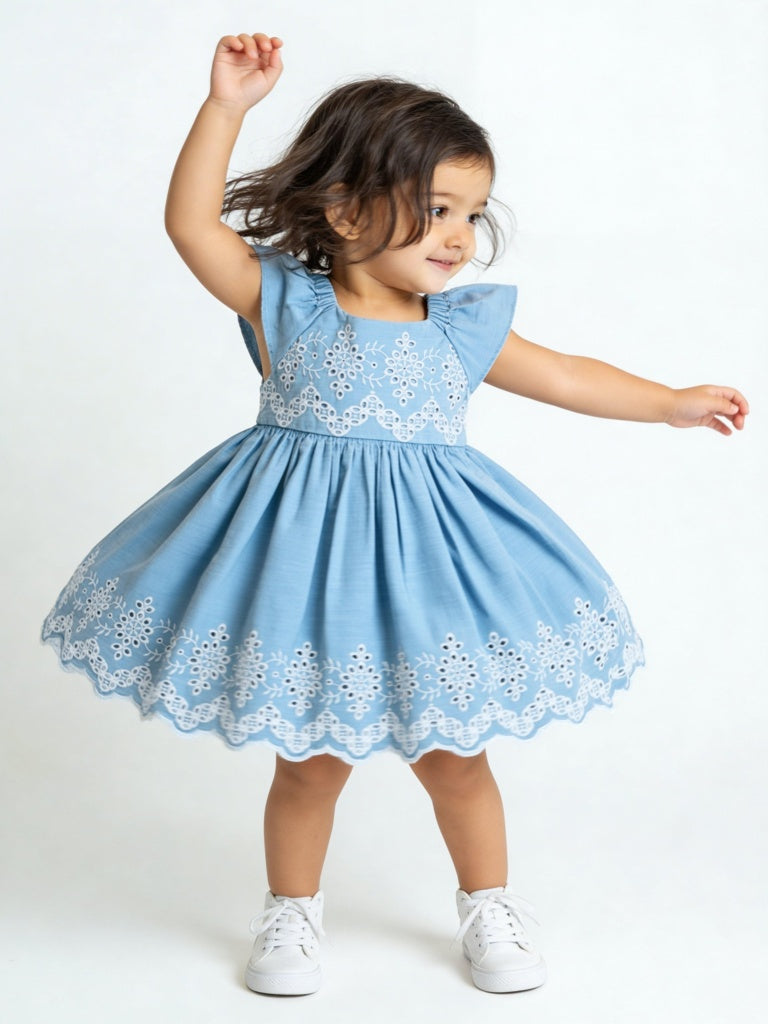 Buy HOP Baby Girls Blue Embroidered Fit-and-Flare Denim Dress from Westside