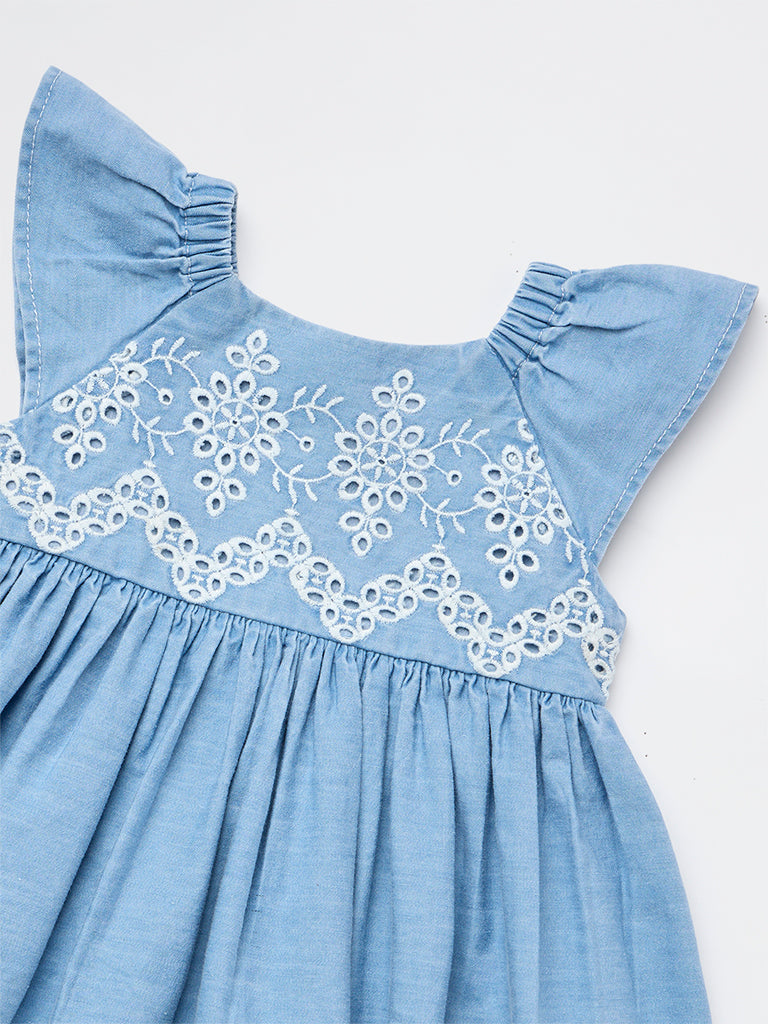 HOP Baby Girls Blue Embroidered Fit-and-Flare Denim Dress