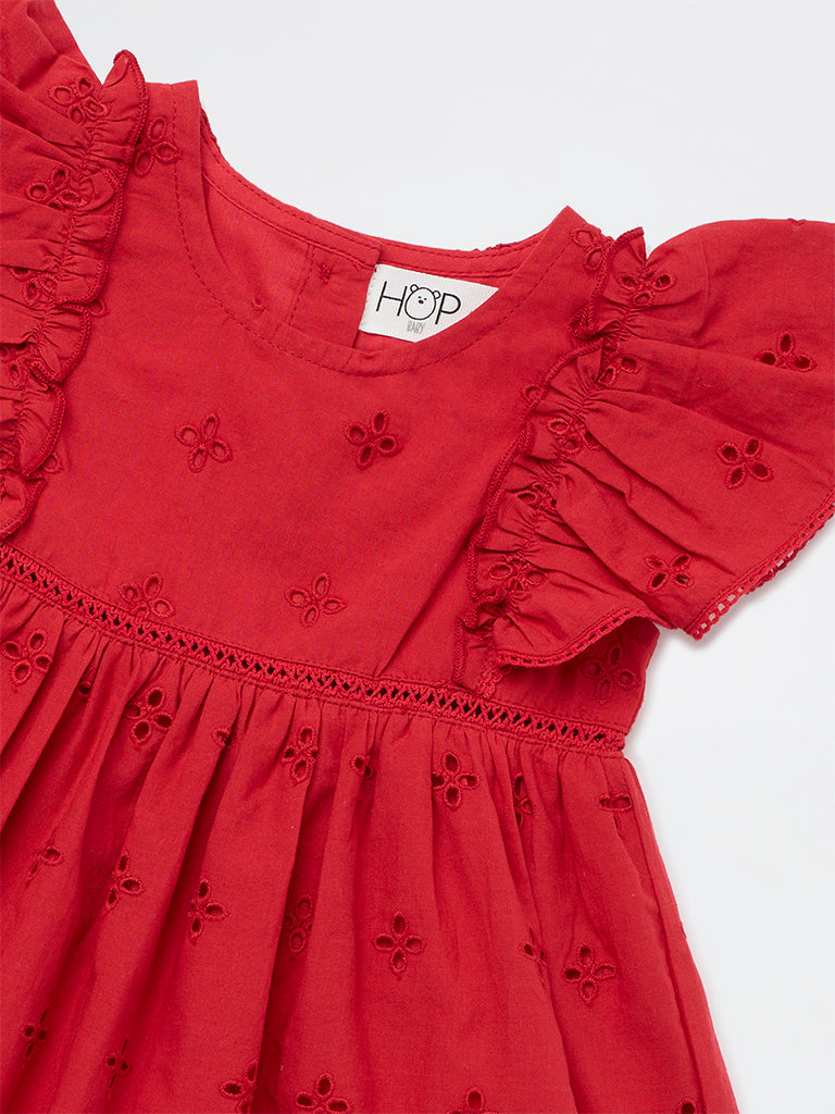 HOP Baby Girls Red Schiffli Embroidered Cotton A-Line Dress