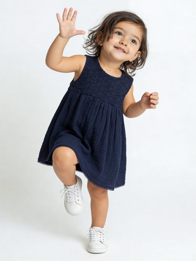 Buy HOP Baby Girls Navy Crochet-Detailed Cotton A-Line Dress from Westside Buy HOP Baby Girls Navy Crochet-Detailed Cotton A-Line Dress from Westside