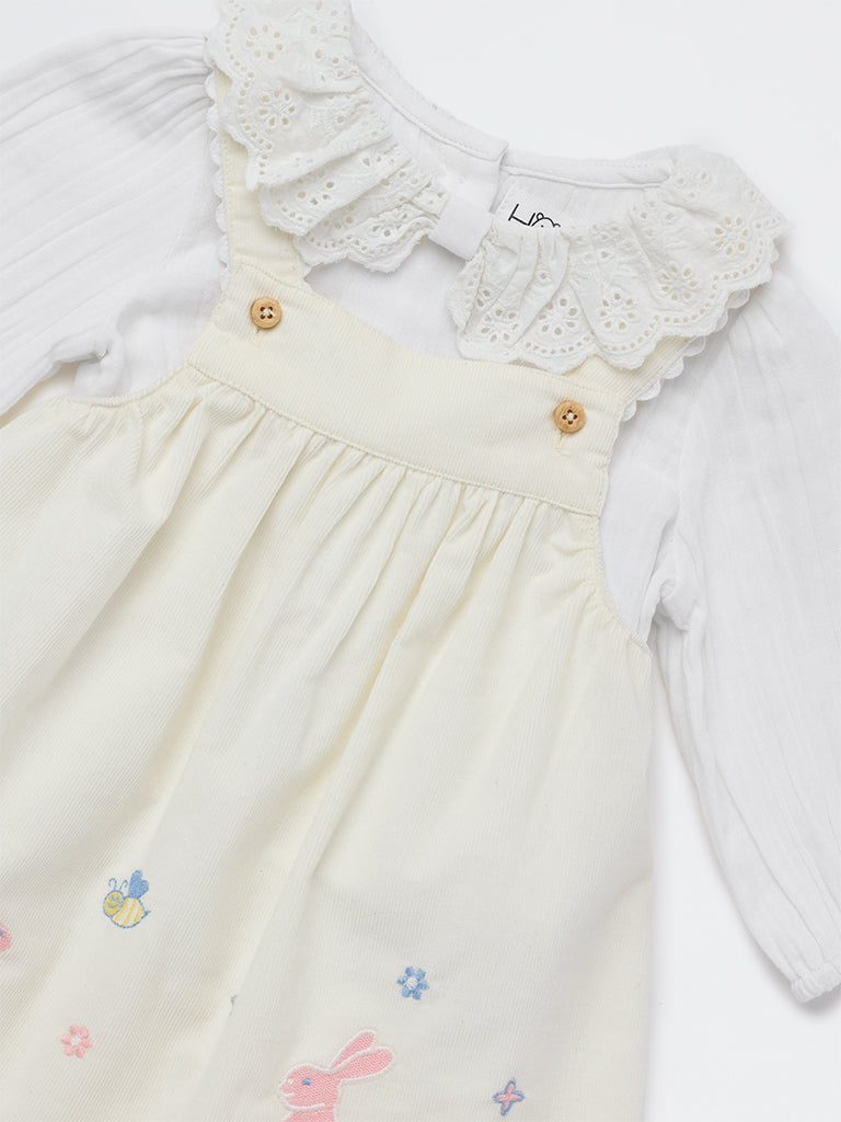 HOP Baby Girls White Floral Embroidered Cotton A-Line Dress